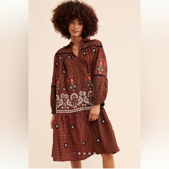 Anthropologie Forever That Girl Embroidered Check Dress Size Small - Picture 1 of 8